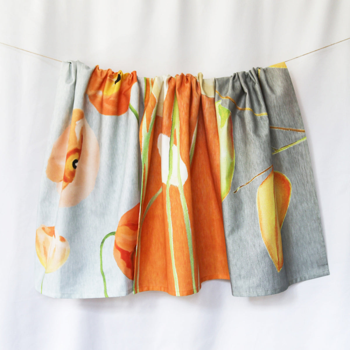 Tea Towel: Peach Poppies on Grey