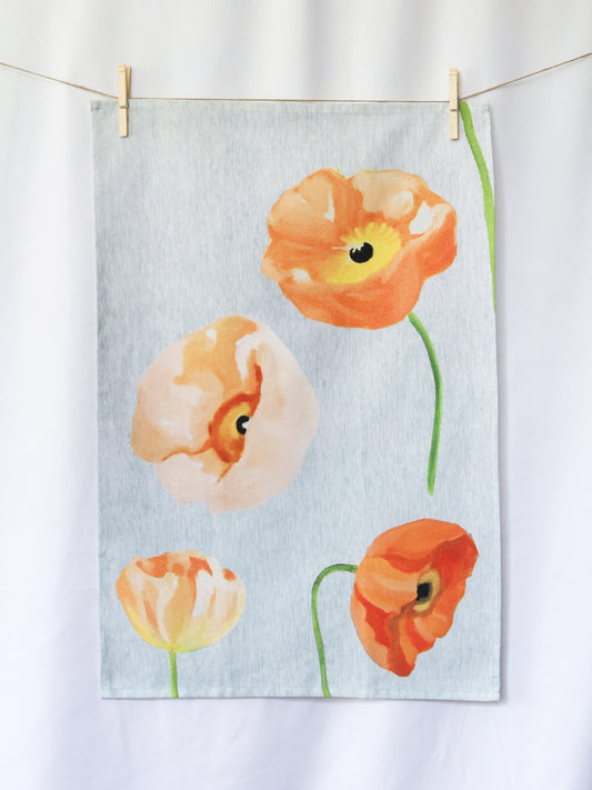 Tea Towel: Peach Poppies on Grey